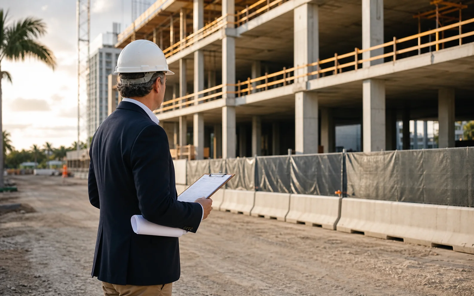 Owner's representative observing construction progress with drawings on an active Florida site
