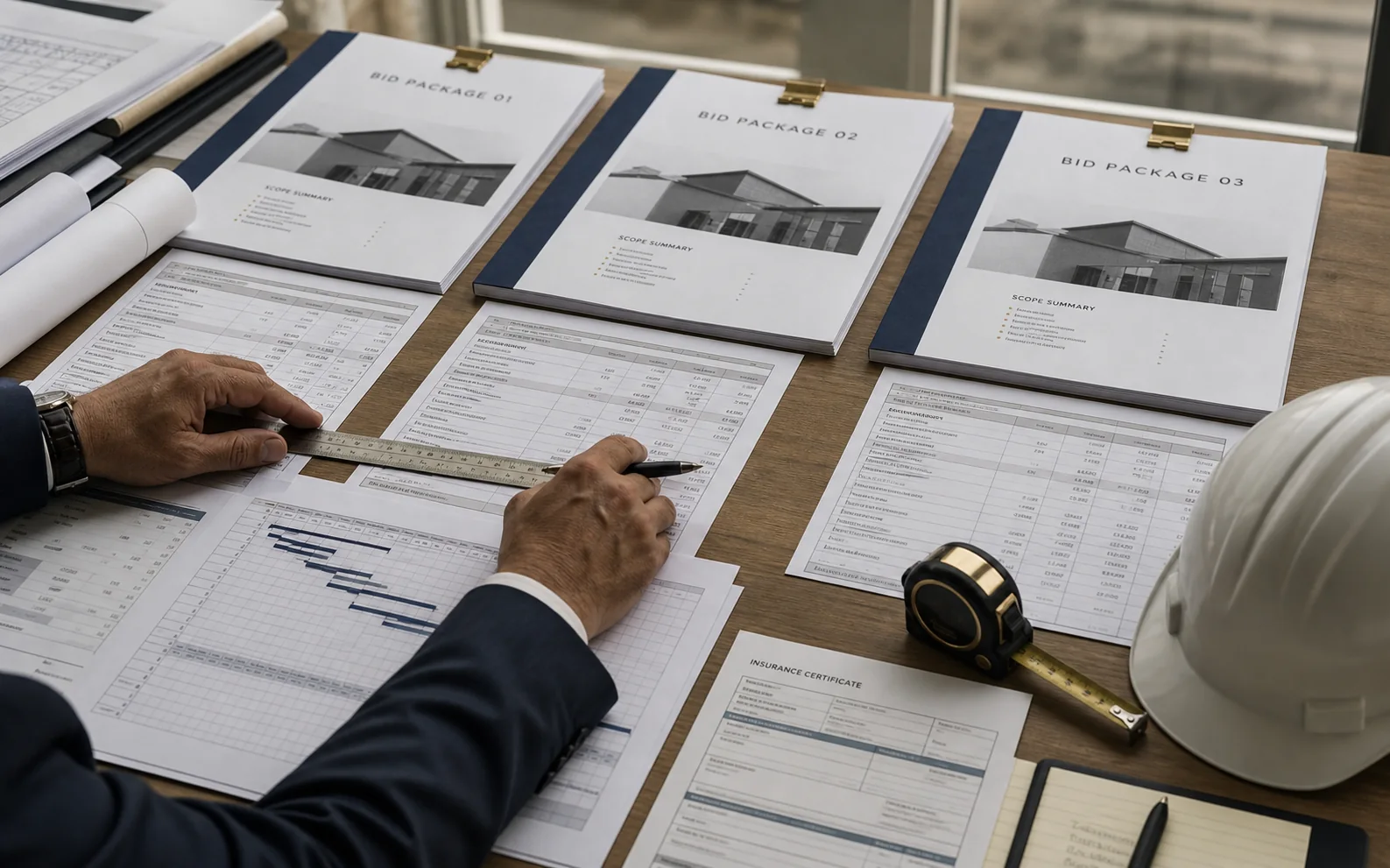 Contractor bid packages laid out side by side for owner-side leveling and review