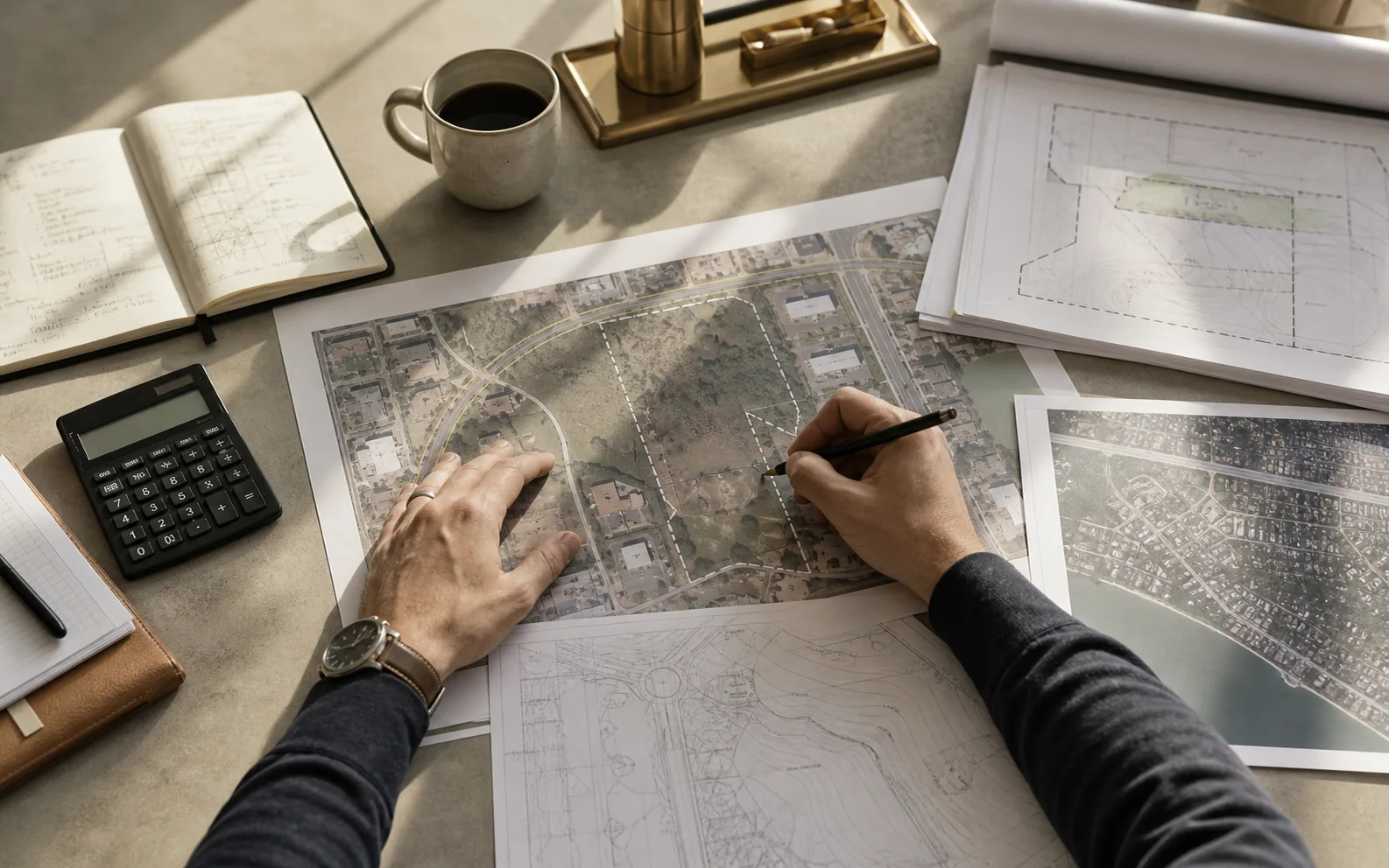 Hands reviewing a parcel map with calculator, title work, and plans on a due-diligence table
