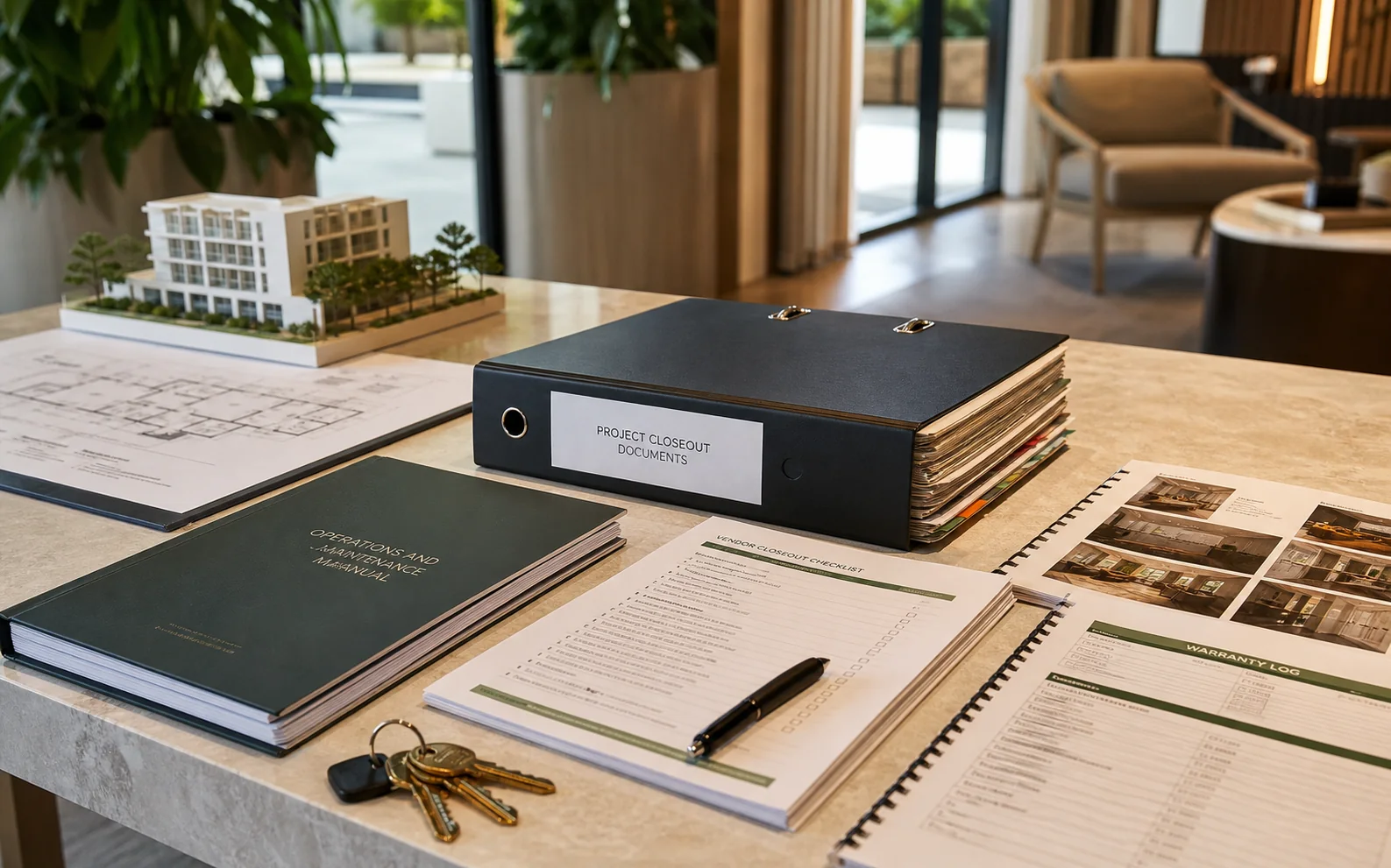Operations handoff table with closeout binder, warranty log, keys, and a lease-up plan