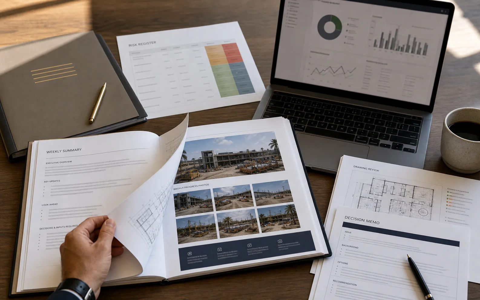Owner reporting package with field report, risk register, draw review, and decision memo
