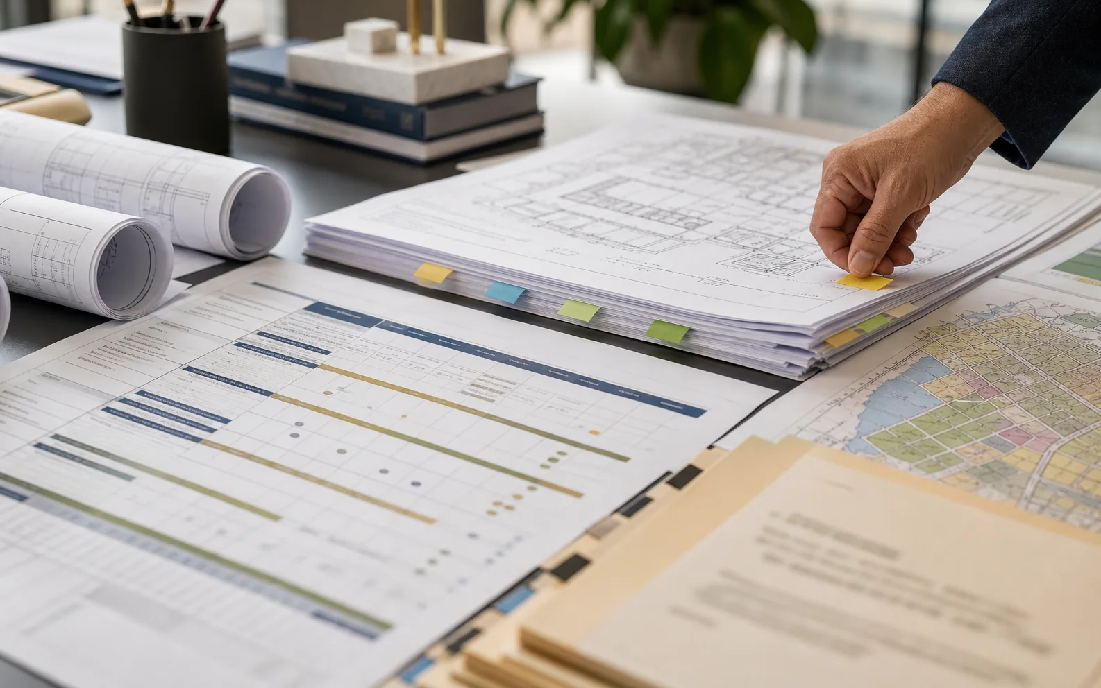 Permit strategy table with plan sheets, jurisdiction notes, and an entitlements schedule
