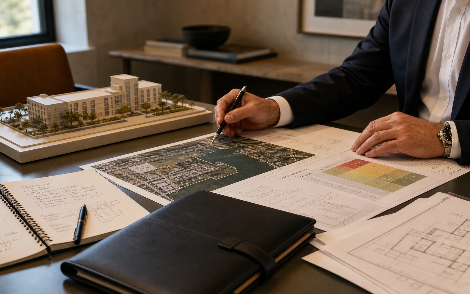 Principal reviewing a Florida development at a planning table — one accountable hand across the whole project